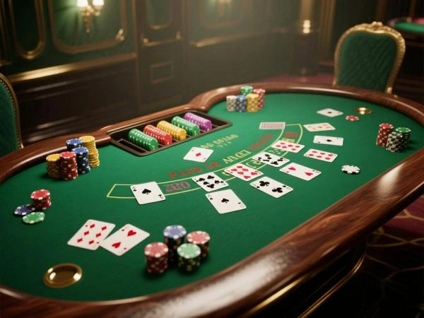 Blackjack bord ovanifrån med kort och marker